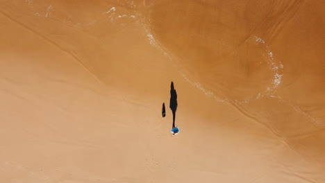 Shadow-of-person-waving-towel-at-sandy-beach-of-Portugal-with-reaching-waves---Aerial-top-down