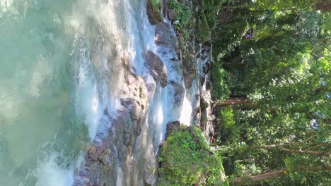 Vertical-shot-of-small-waterfall-and-rio-San-Rafael-in-jungle-of-Barahona,-Dominican-Republic