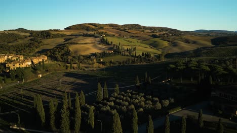 Golden-hour-glow-spreads-shadows-on-green-rolling-hills-of-Tuscany