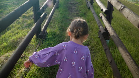 Toddler-Girl-Walking-Uphill-Along-Wooden-Fence-Trail-Walkway---back-view-tracking