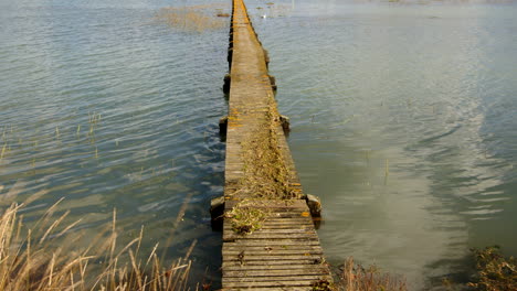 wide-mid-shot-of-a-long-wooden-jetty-with-flooding-debris-on-top