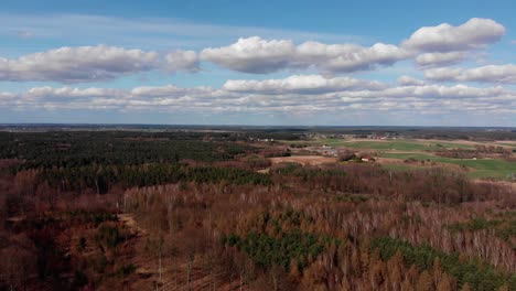 Drone-pans-across-thick-forest-and-farmland-in-countryside-under-fluffy-white-clouds