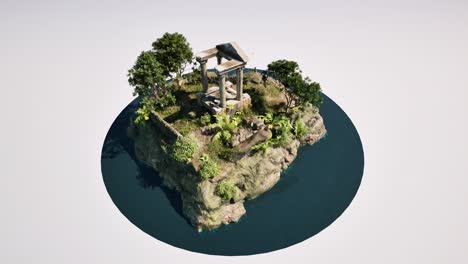 3D-cutout-island-with-ancient-ruins,-grass,-trees,-and-birds-flying-3D-animation