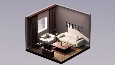 Isometrisches-3D-Wohnzimmer-Mit-Cremefarbenem-Sofa-Und-Stuhl,-TV-Ständer,-Tisch,-Nach-Links-Und-Rechts-Drehbar,-Nahtlose-Loop-3D-Animation,-Innenarchitektur-3D-Szene