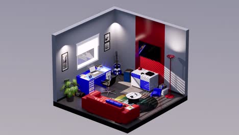 Isometrisches-3D-Wohnzimmer-Mit-Sofa,-TV-Ständer,-Tisch-Und-Schreibtisch,-Nach-Links-Und-Rechts-Drehbar,-Nahtlose-Loop-3D-Animation,-Innenarchitektur-3D-Szene