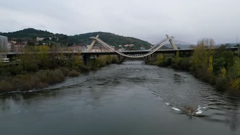 Static-view-of-Millennium-Bridge-Miño-River-in-Ourense,-Galicia,-Spain-as-seagull-soars-in-sky