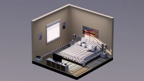 3D-isometrisches-Schlafzimmer-Mit-Bett,-Nachttischen-Und-Fernseher,-Nach-Links-Und-Rechts-Drehbar,-Nahtlose-Loop-3D-Animation,-Innenarchitektur-3D-Szene