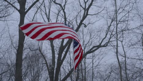 Mirada-En-Cámara-Lenta-A-Una-Bandera-Estadounidense-Ondeando-En-Una-Ráfaga-Invernal