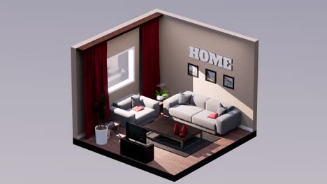 3D-isometrisches-Wohnzimmer-Mit-Grauem-Sofa-Und-Stuhl,-TV-Ständer,-Tisch,-Nach-Links-Und-Rechts-Drehbar,-Nahtlose-Loop-3D-Animation,-Innenarchitektur-3D-Szene