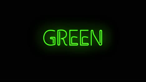 Blinkendes-Neongrünes-Farbschild-Auf-Schwarzem-Hintergrund,-Das-Mit-Flimmern-Ein--Und-Ausgeschaltet-Wird