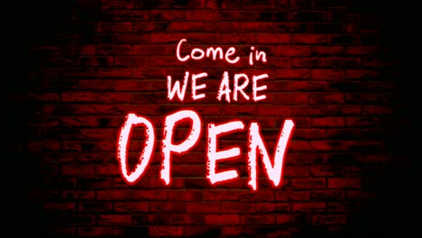 Come-in-We-are-Open-neon-light-text-animation-motion-graphics-with-brick-wall-background