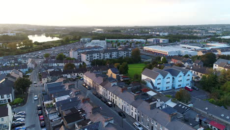 Slow-moving-drone-shot-during-sunset-over-Galway,-Ireland