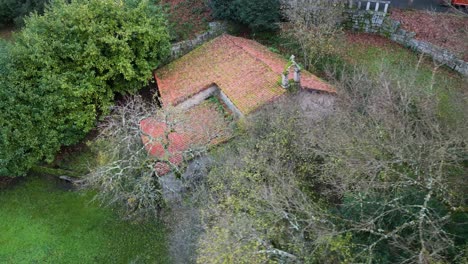 Drone-rises-above-leafless-trees-to-reveal-stone-cross-on-mossy-roof-of-Hermitage-of-Portovello,-As-Lagoas-Ourense-Spain
