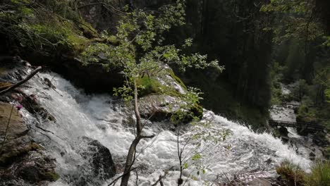 Pfanne-Am-Wasserfall-Von-Vallesinella-Mit-Bewaldeter-Brücke-Und-Landschaft,-Madonna-Di-Campiglio,-Trentino-Südtirol,-Italien
