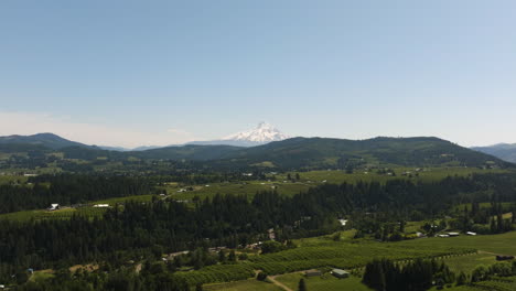 Drone-shot-over-the-countryside-with-snowy-Mt-Hood-mountain-in-the-background