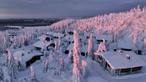 Aerial-view-over-snowy-cottages-and-pink-trees-on-top-of-a-mountain-in-Lapland