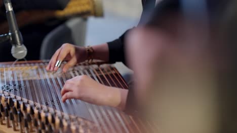A-woman-playing-on-Oud-in-the-theatre-beside-a-woman-playing-on-Zither-close-up-shot,-insert-shot