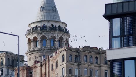Galata-Tower-Museum-in-Istanbul,-a-woman-social-media-influencer-dancing-with-pigeons-at-a-famous-tourist-place