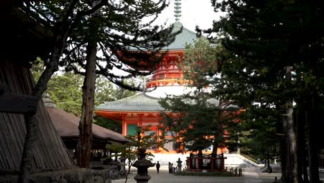 Scenic-View-Of-Bright-Red-Konpon-Daito-Pagoda-With-Sanko-no-Matsu-Pine-Tree-In-Front-At-Koyasan