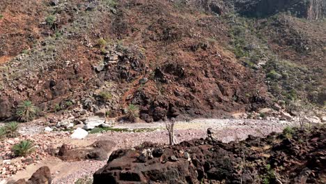 Rugged-Landscape-Of-Wadi-Dirhor-In-Socotra,-Yemen---Drone-Shot