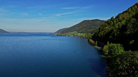 Aerial-view-of-Lake-Attersee-in-Austria,-mountains-in-the-background
