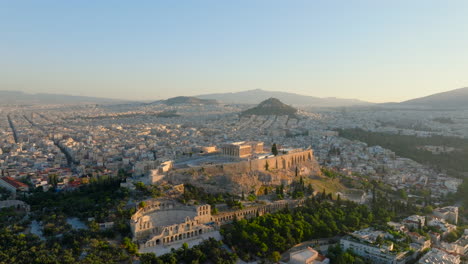 Rising-aerial-shot-of-the-Acropolis-at-sunrise
