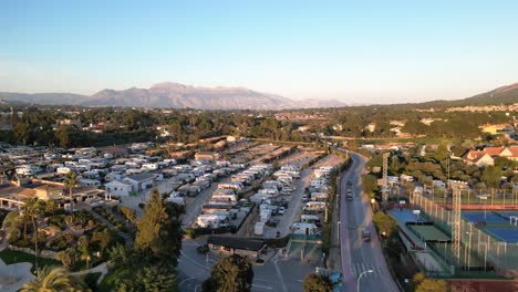 Benidorm-Spain-flight-over-Vilasol-Campsite-with-mountains-in-the-background-on-bright-sunny-day