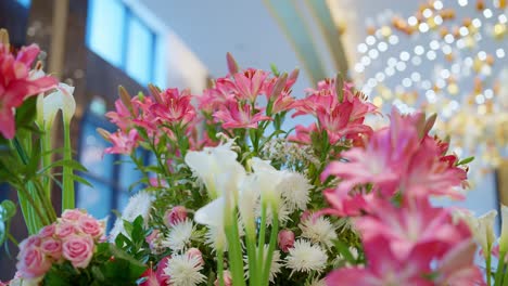 pink-and-white-flowers-decoration-at-the-entrance-of-hotel-close-up-shot,-Arc-shot