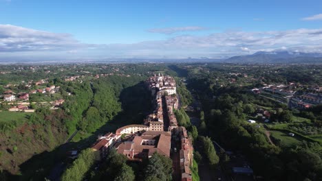 Cityscape-panorama-Italy-roman-city-Zagarolo,-aerial-dolly-out,-scenic-landscape