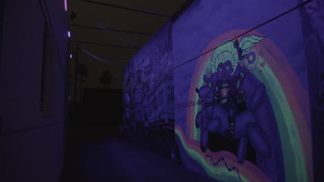 Glowing-mural-on-wall-with-blacklight-paint-at-night-in-Hollywood,-CA