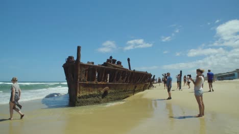 Slow-motion-footage-of-the-SS-Maheno-shipwreck-on-Fraser-Island,-the-world-largest-sand-island