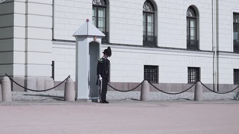 Royal-Guard-standing-guard-at-the-Royal-Palace-of-Oslo,-Norway