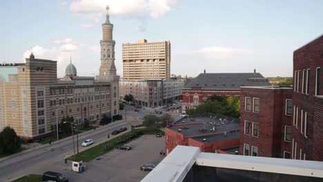 Looking-North-from-downtown-Indianapolis,-the-footage-shows-the-Old-National-Centre,-formerly-known-as-the-Murat-Centre