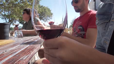 People-at-wine-tasting-in-South-Africa,-swirling-glasses-of-wine,-in-Slow-Motion