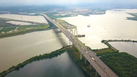 Aerial-Footage-of-the-Fred-Hartman-Bridge-connecting-Houston-to-Baytown
