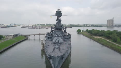 Aerial-View-of-the-Us-Navy-Battleship-Texas-docks-in-the-Trinity-Bay-near-Houston-Texas