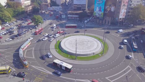 4k-aerial-panorama-shot-of-Slavija-Square,-Belgrade,-summer-day