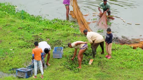 Los-Pescadores-Revisan-Las-Redes-Y-Clasifican-Su-Carga-De-Pescado-En-La-Orilla-Del-Río-Surma,-Bangladesh.