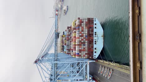 Vertikales-Video-Eines-Containerkrans,-Der-Container-Auf-Dem-Riesigen-Magleby-Maersk-Im-Hafen-Von-Rotterdam-Lädt