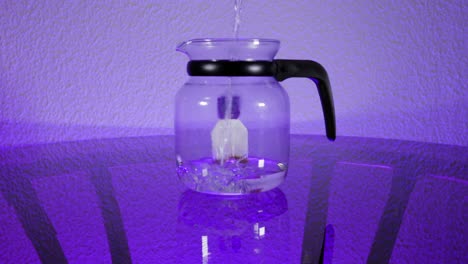 Glaskanne-Mit-Teebeutel-Darin-Wird-Auf-Einem-Glastisch-Mit-Violettem-Licht-Mit-Heißem-Wasser-Gefüllt---Zeitlupe