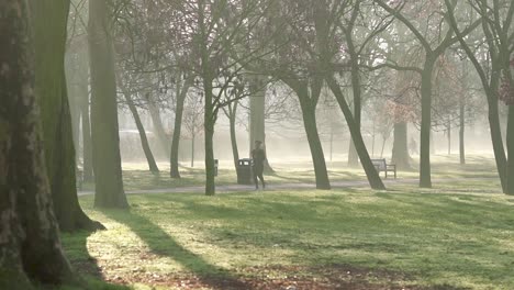 A-young-girl-is-jogging-running-in-the-park-holding-a-bottle-of-water-where-the-sun-shines-through-the-foggy-morning-air