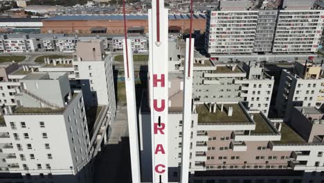 Aerial-bottom-up-view-of-obelisk-inside-Huracan-football-club-stadium