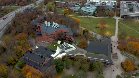 Drone-footage-of-Stockholm-University,-Frescati-Campus