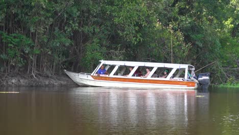 Boat-With-Tourists-on-Riverbank-on-Amazon-River-and-Rainforest,-Brazil