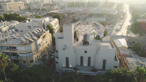 Scientology-is-a-belief-system-and-practices-as-human-is-an-immortal-and-resident-in-a-physical-body-and-life-after-deathץ-Aerial-drone-view-above-Scientology-church-building-in-Tel-Aviv-Israel