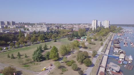 Beautiful-establishing-4k-aerial-shot-of-Zemun-kej-and-Danube-river,-summer-day-Belgrade
