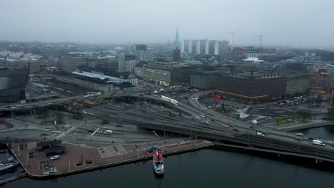 Aerial-footage-capturing-the-footage-near-Stockholm's-city-centre-on-a-cloudy-afternoon
