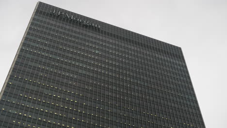 Looking-up-Shot-of-JP-Morgan-Headquarters-Canary-Wharf-London-UK