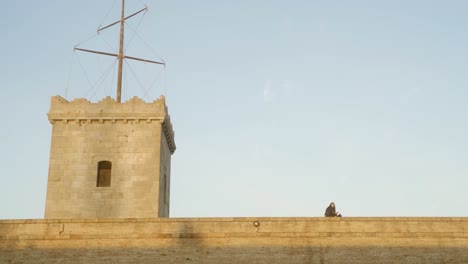 Junge-Frau-Liest-Buch-Während-Des-Sonnenuntergangs-Auf-Dem-Felsvorsprung-Der-Burgmauer-Von-Montjuic-In-Barcelona,-Spanien,-Mit-Klarem-Blauen-Himmel