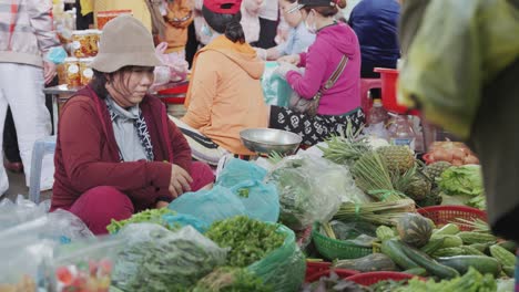 Local-vendor-and-traditional-stalls-selling-fresh-fruits-and-vegetables,-at-busy-and-colorful-Con-Market-in-Danang,-Vietnam